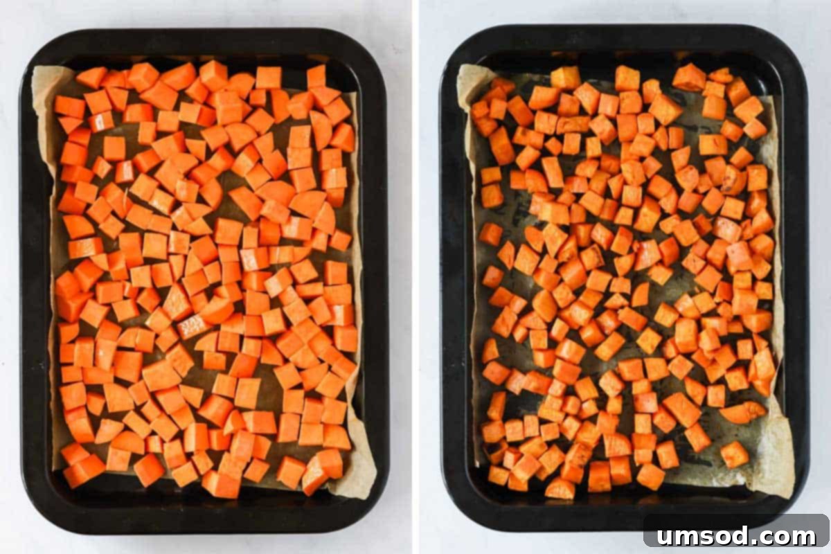 Sunshine Sweet Potato Salad 5 Visual guide showing sweet potatoes being tossed with olive oil and salt, then spread on a baking sheet for roasting.