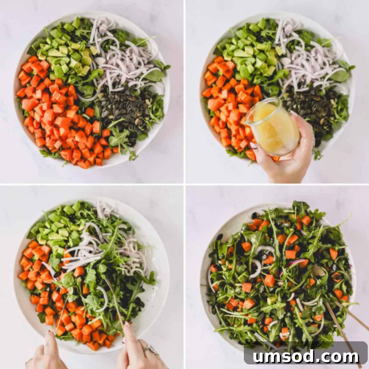 Sunshine Sweet Potato Salad 7 A collage of four images showing the final steps of assembling and dressing the sweet potato salad.