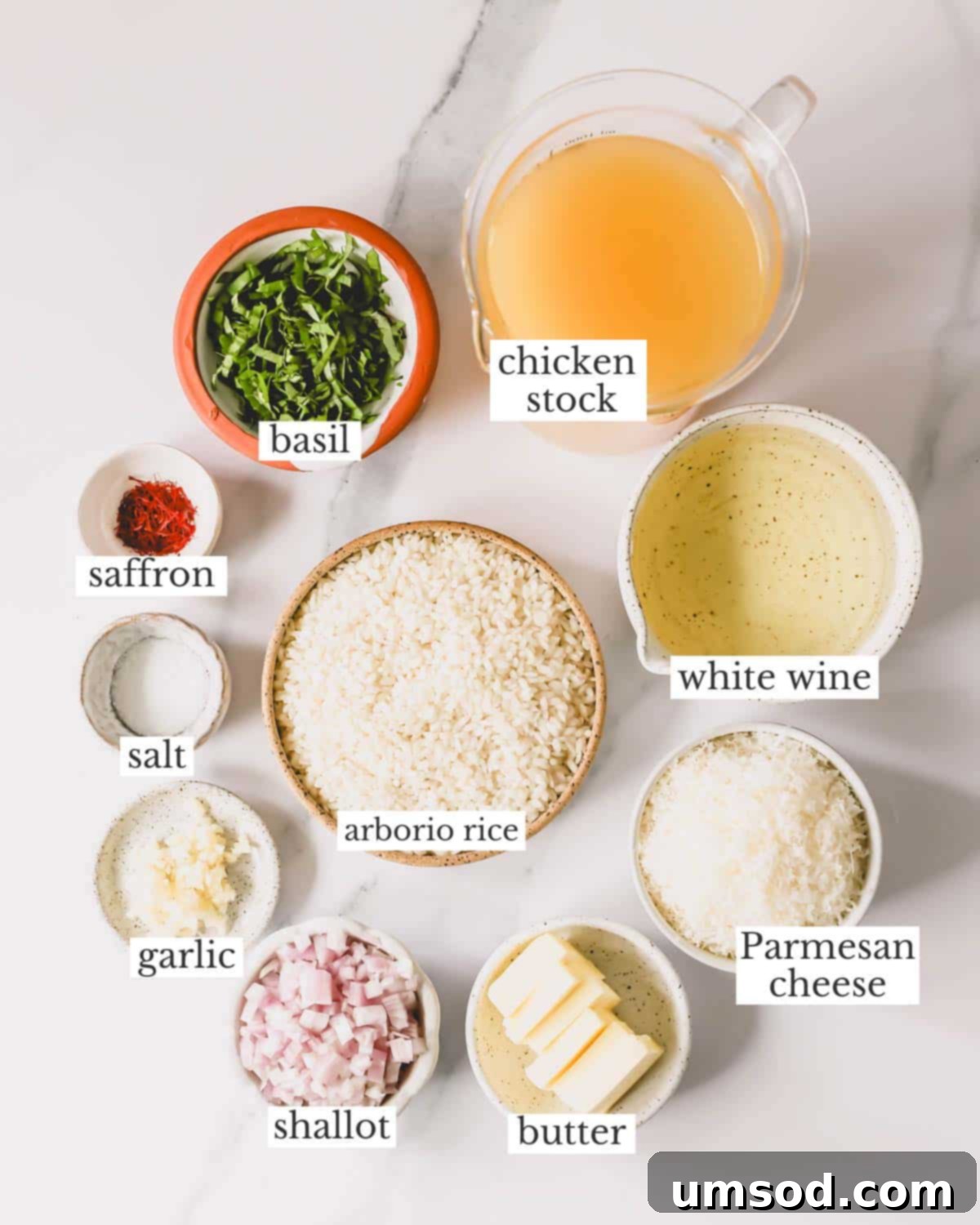 A flat lay photograph showcasing all the fresh ingredients needed to make saffron risotto, including Arborio rice, chicken stock, saffron threads, butter, shallots, garlic, white wine, and Parmesan cheese.