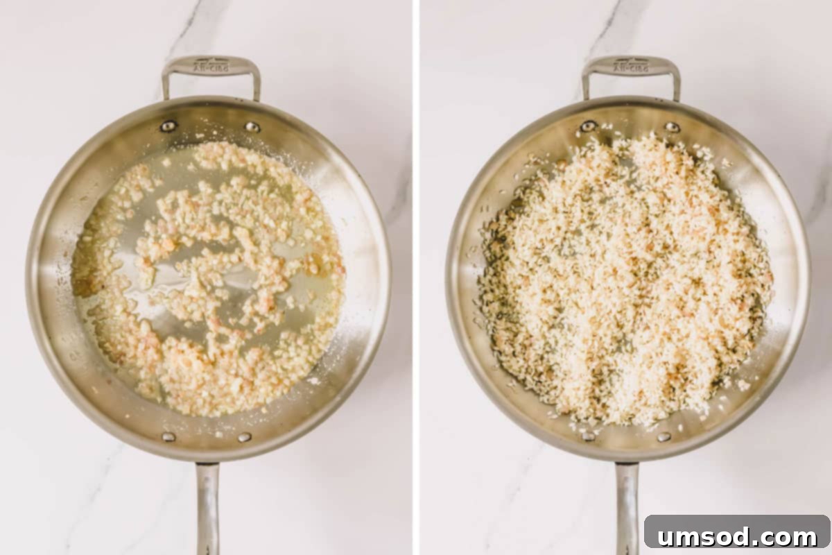 On the left, minced garlic is sautéing in broth and butter in a pan. On the right, Arborio rice has been added to the pan, mingling with the aromatics.