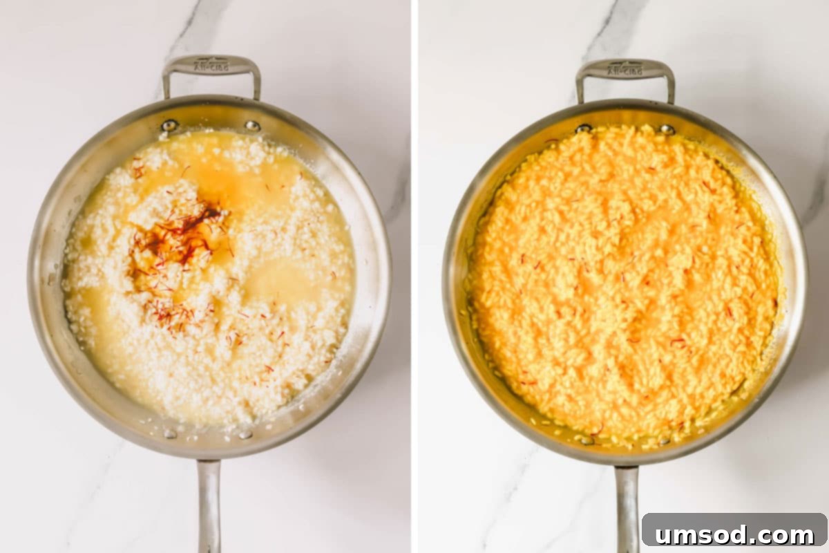 On the left, uncooked saffron risotto grains are absorbing liquid in a pan. On the right, the risotto has cooked to a beautiful yellow-orange hue, indicating it's nearly done.