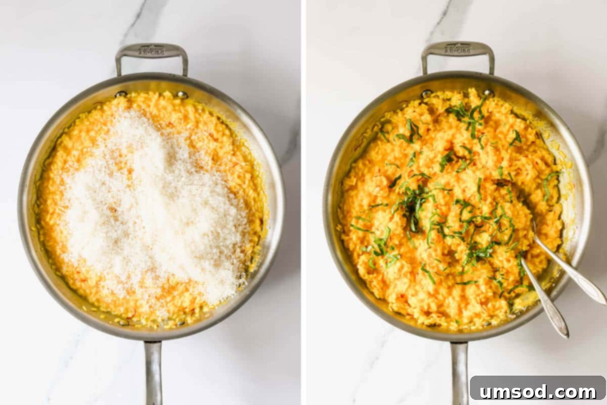 On the left, freshly grated Parmesan cheese is being added to the finished saffron risotto in a pan. On the right, the prepared saffron risotto is topped with fresh herbs, ready for serving.
