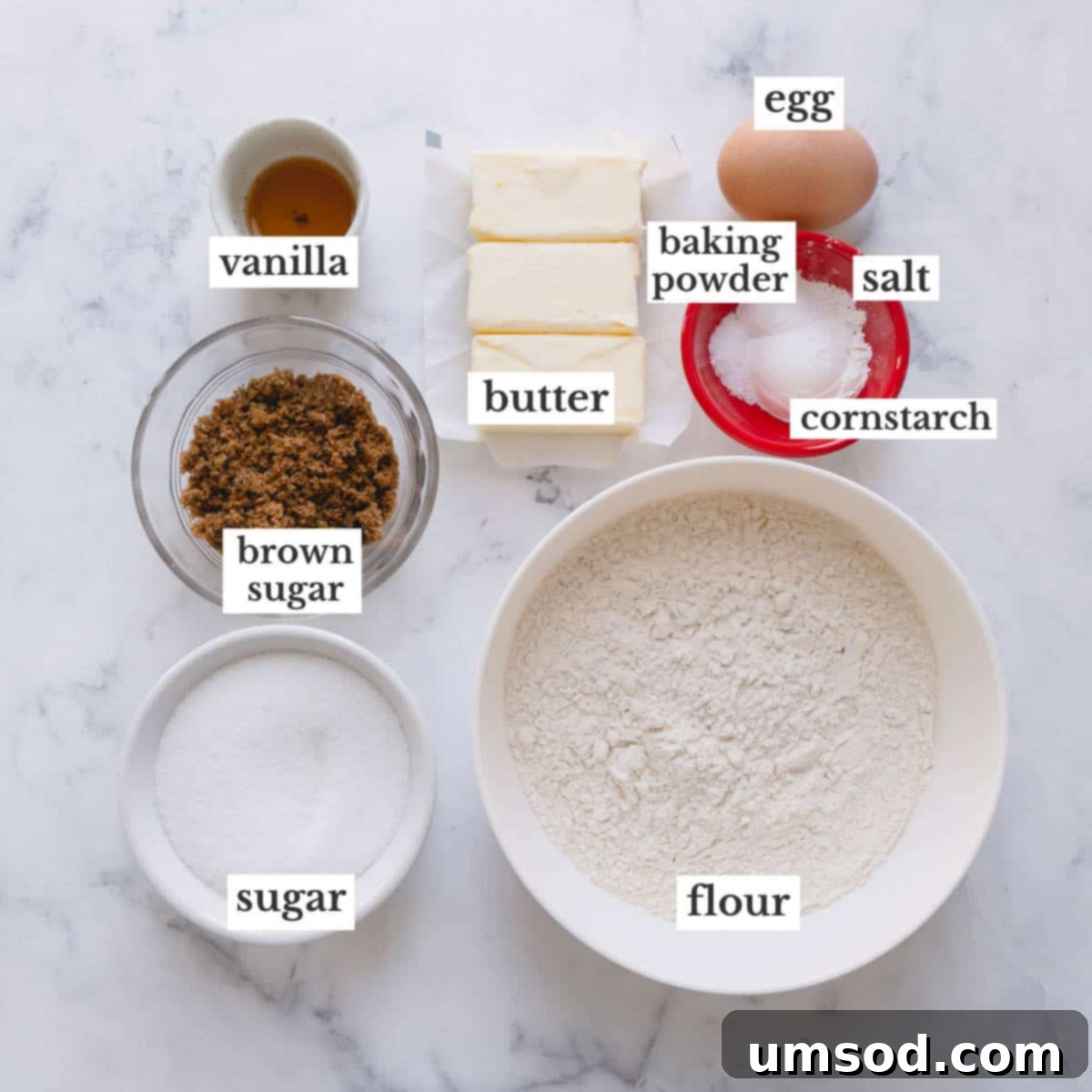 All the essential ingredients for baking delicious vanilla sugar cookies, neatly laid out in individual bowls.