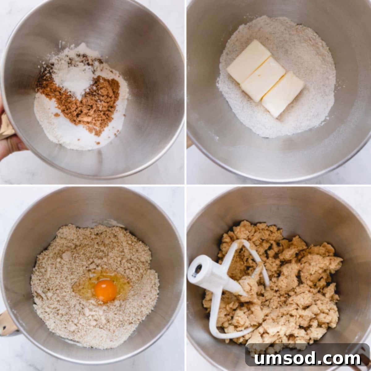 Four step-by-step photos illustrating the process of making sugar cookie dough in a stand mixer with a paddle attachment.