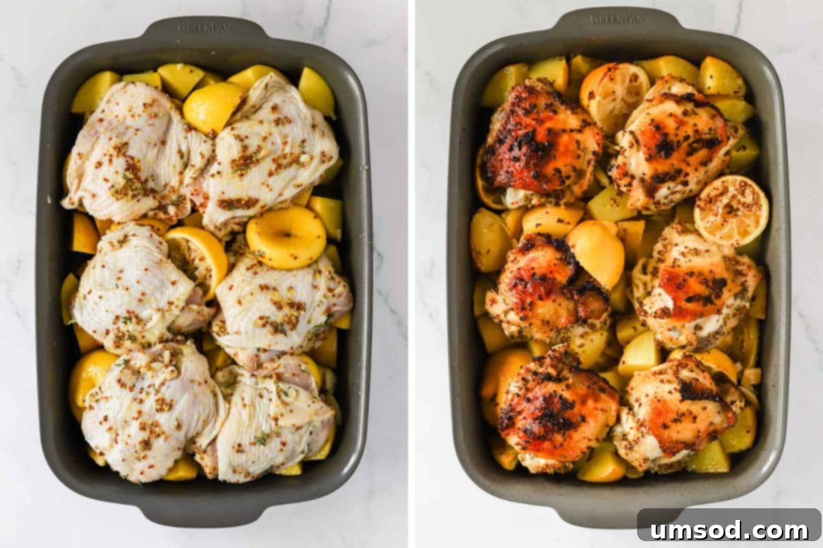 Two side-by-side images showing Greek lemon chicken and potatoes before and after baking.
