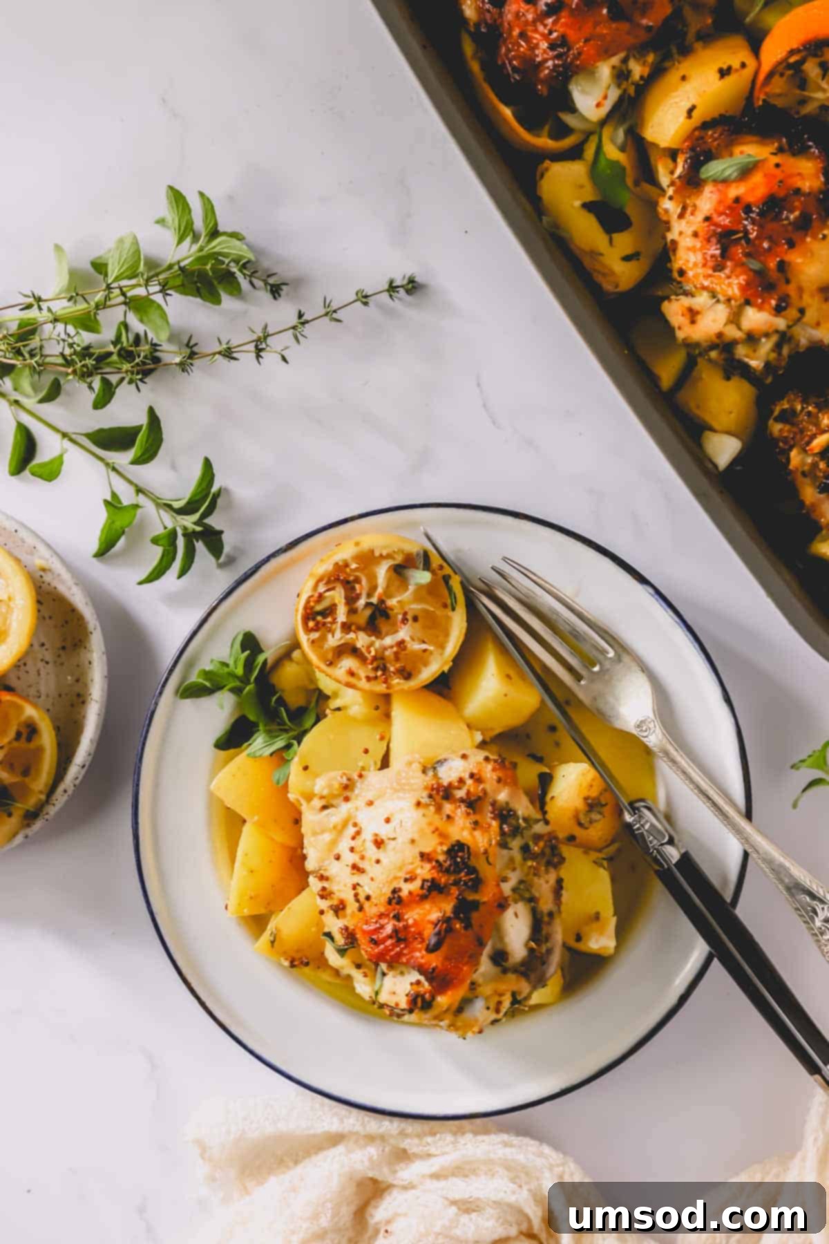 A plate of Greek lemon chicken and potatoes next to the full baking dish, ready for serving.