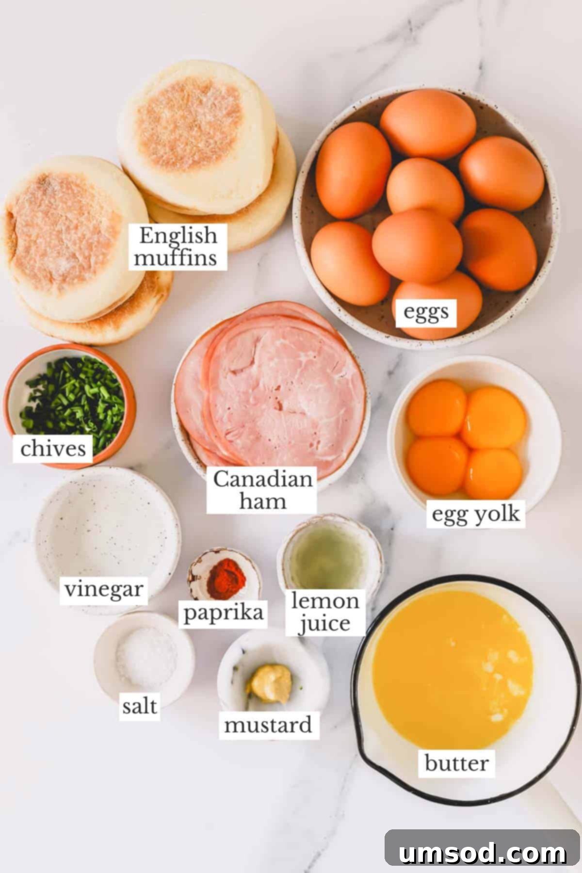 A selection of fresh ingredients laid out for making Eggs Benedict, including eggs, Canadian bacon, English muffins, and lemons.