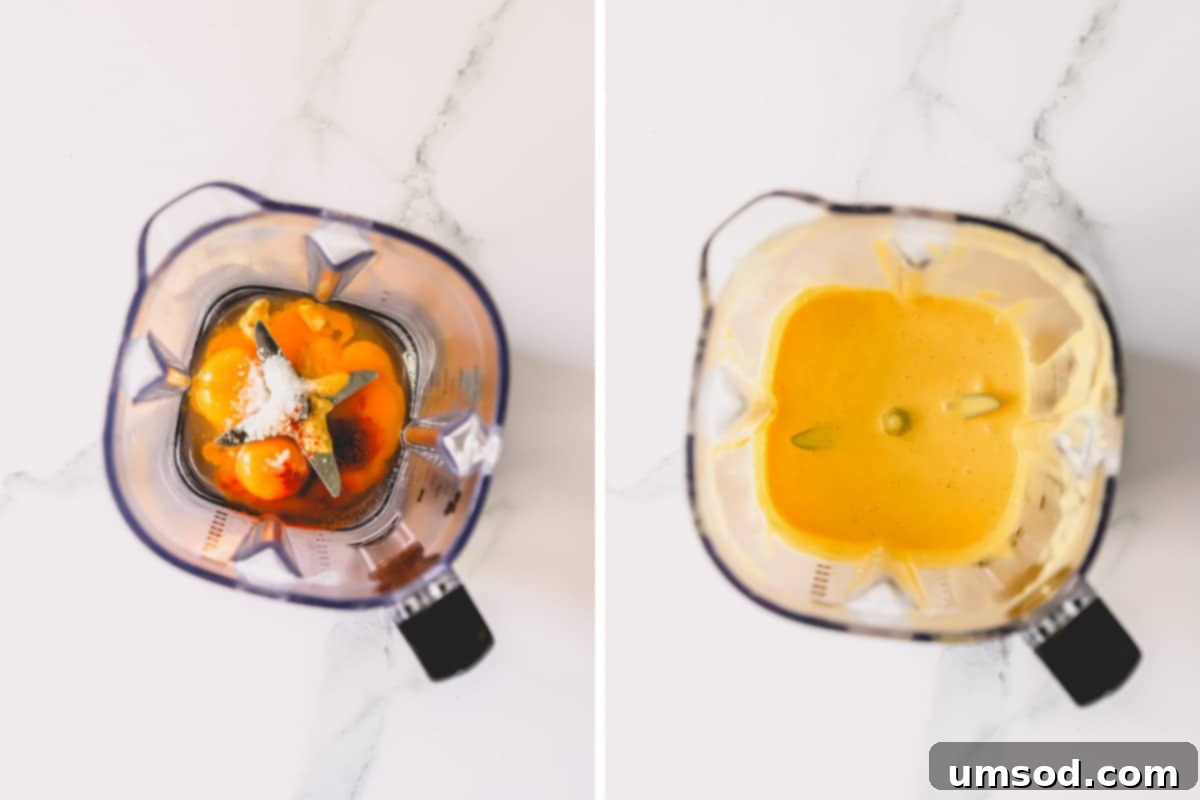 A two-panel image showing the process of making blender hollandaise sauce: first, ingredients blending; second, the sauce thickening as butter is added.