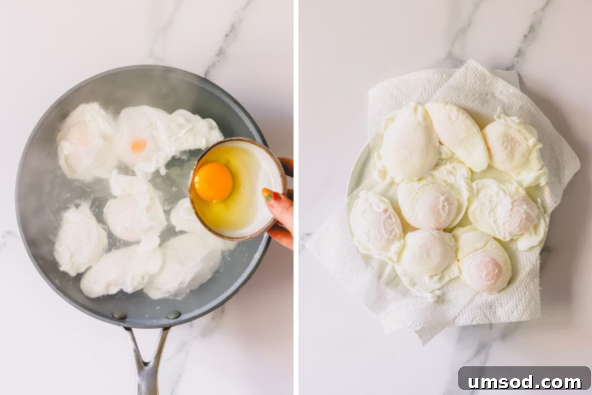 A two-panel image showing eggs being gently lowered into simmering water for poaching, and then perfectly poached eggs resting on a plate.
