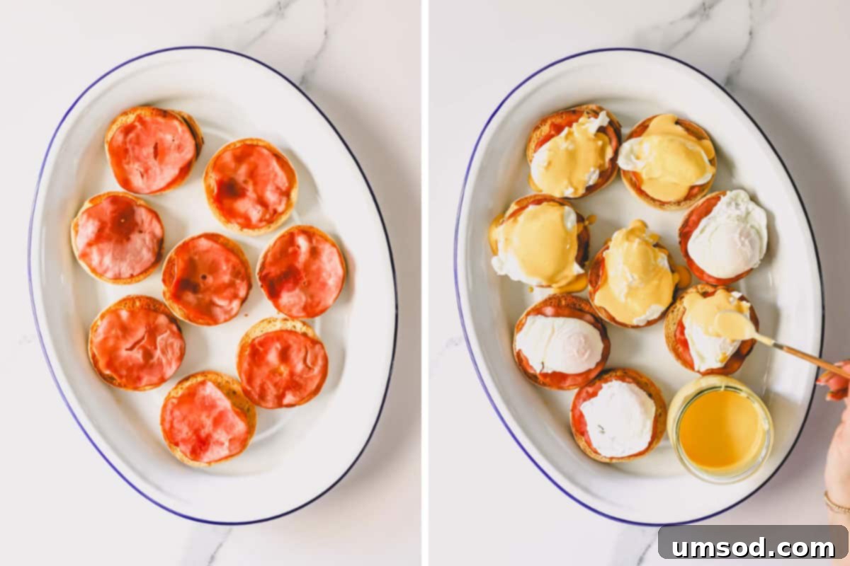 A two-panel image showing the assembly of Eggs Benedict: English muffins topped with Canadian bacon, then being topped with poached eggs and drizzled with hollandaise sauce.