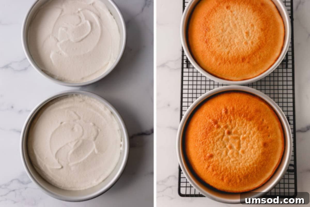 Fluffy White Cake Perfection 12 A visual progression showing two white cakes: one unbaked with batter, and the other perfectly baked and golden.