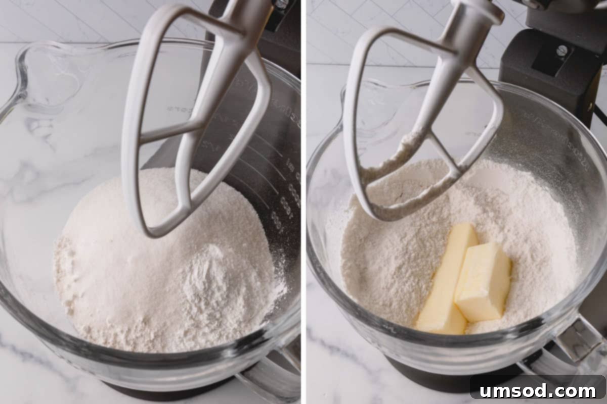 Fluffy White Cake Perfection 7 The meticulous process of reverse creaming: butter being mixed into dry ingredients for a tender cake.