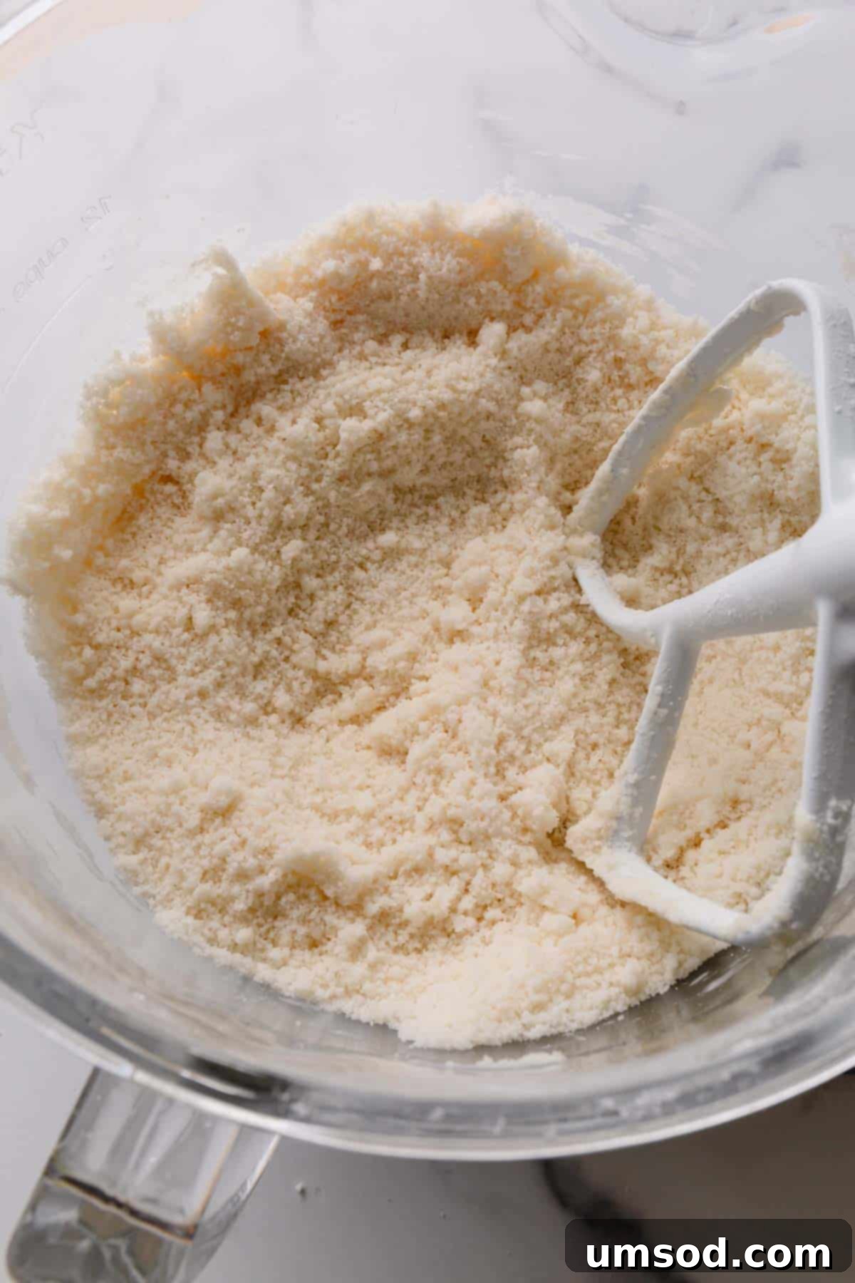 Fluffy White Cake Perfection 8 Dry ingredients for white cake batter, after butter has been incorporated, resembling wet sand in the mixing bowl.