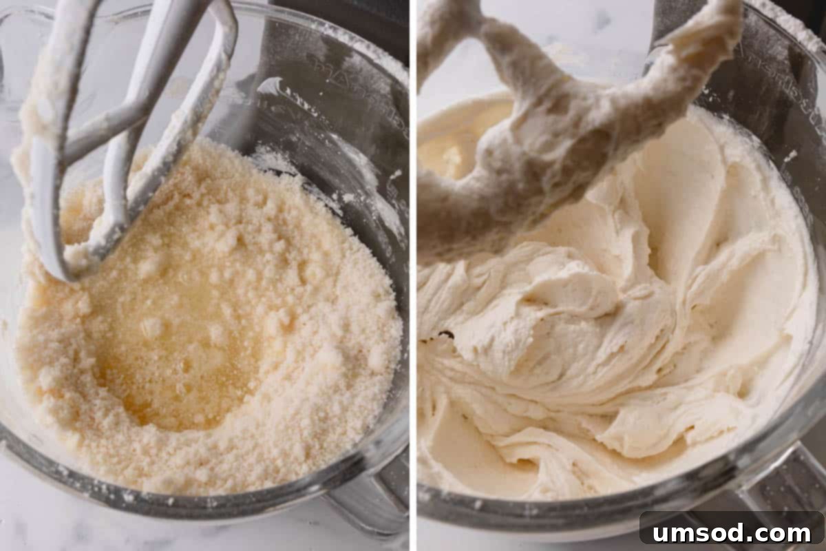 Fluffy White Cake Perfection 9 Wet and dry ingredients for cake batter actively being mixed together, showing the smooth consistency forming.