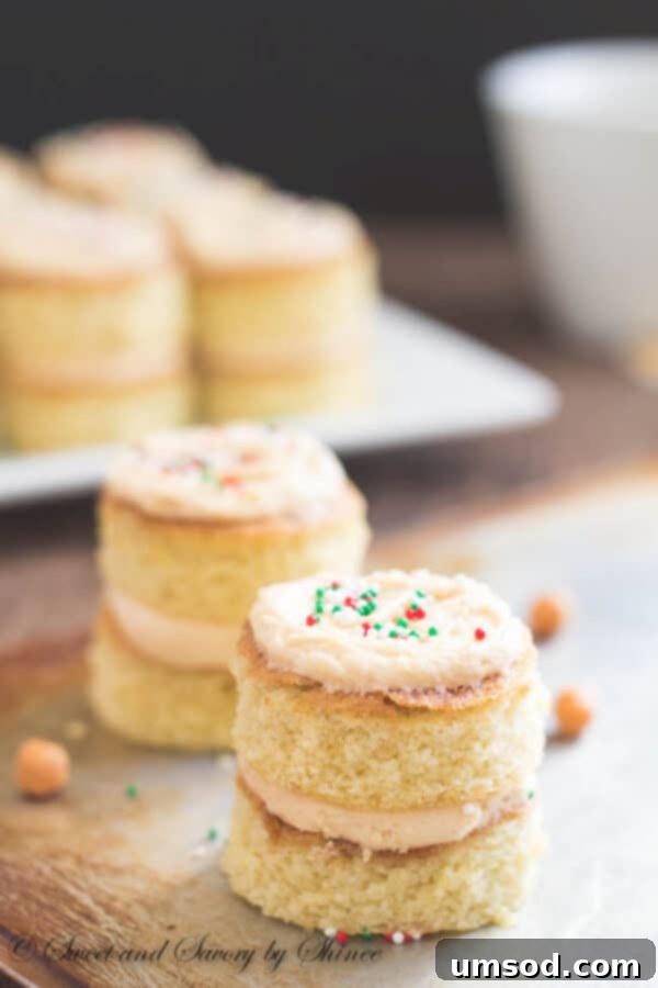 Mini Salted Caramel Celebration Cakes 5 A stunning display of salted caramel mini layer cakes, garnished with sprinkles.