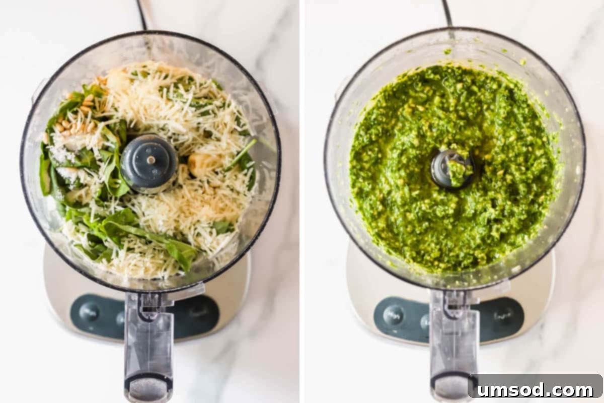 Vibrant Basil Pesto Pasta 5 Ingredients for basil pesto in a food processor and the blended pesto in the food processor.