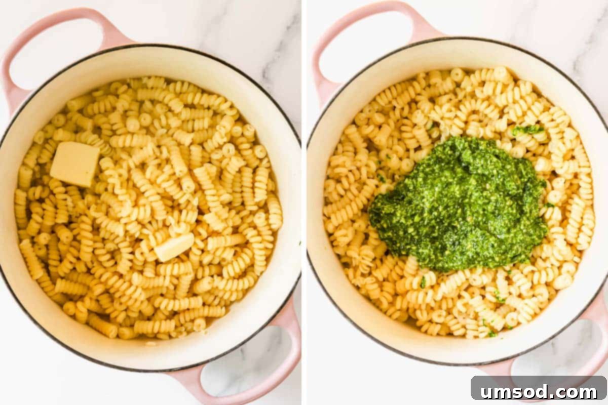 Vibrant Basil Pesto Pasta 6 Cooked pasta in a pot with butter on the left and pesto on top of the buttered pasta on the right.