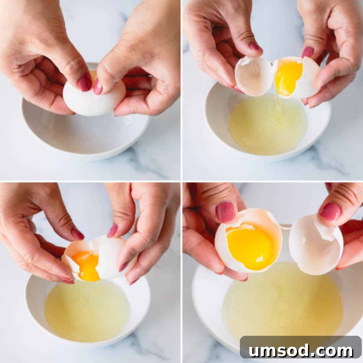 4 step-by-step images illustrating the shell-to-shell method for separating egg yolks from egg whites, showing cracking, cradling, and transferring.