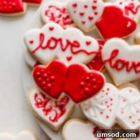 Valentine's Day sugar cookies with red and white icing.