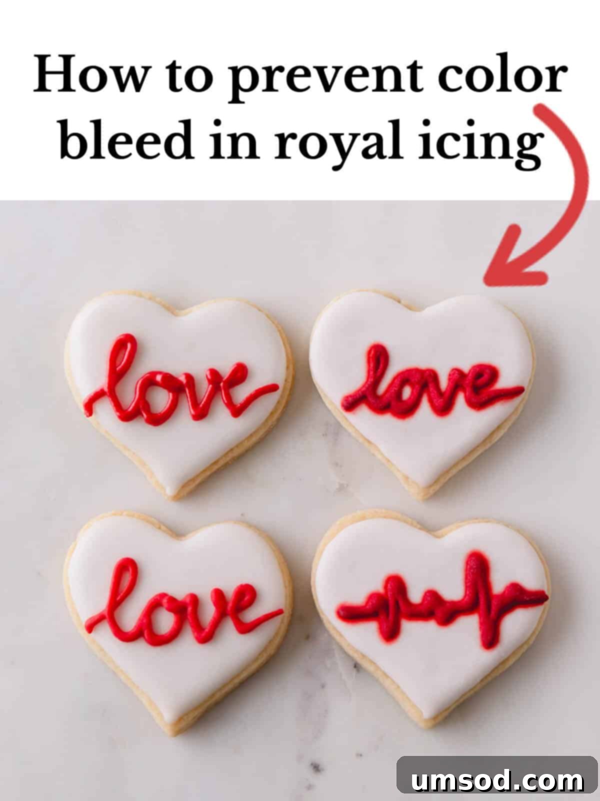 A picture reading, "how to prevent color bleed in royal icing" showing expertly iced cookies.