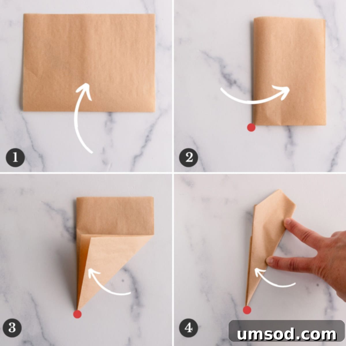 Effortless Parchment Circles for Round Cake Pans 4 A four-image collage illustrating the precise steps of folding a square parchment paper into a multi-layered triangle, with emphasis on securing the crucial closed corner.