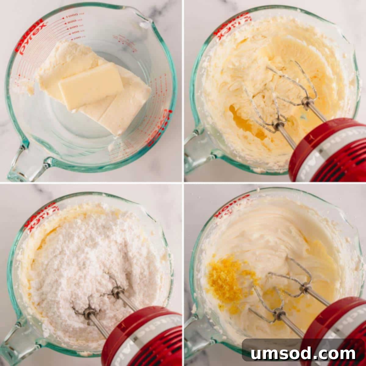 Zesty Lemon Cream Cheese Dream 5 A step-by-step visual guide showing the process of beating cream cheese, butter, and powdered sugar for lemon cream cheese frosting.
