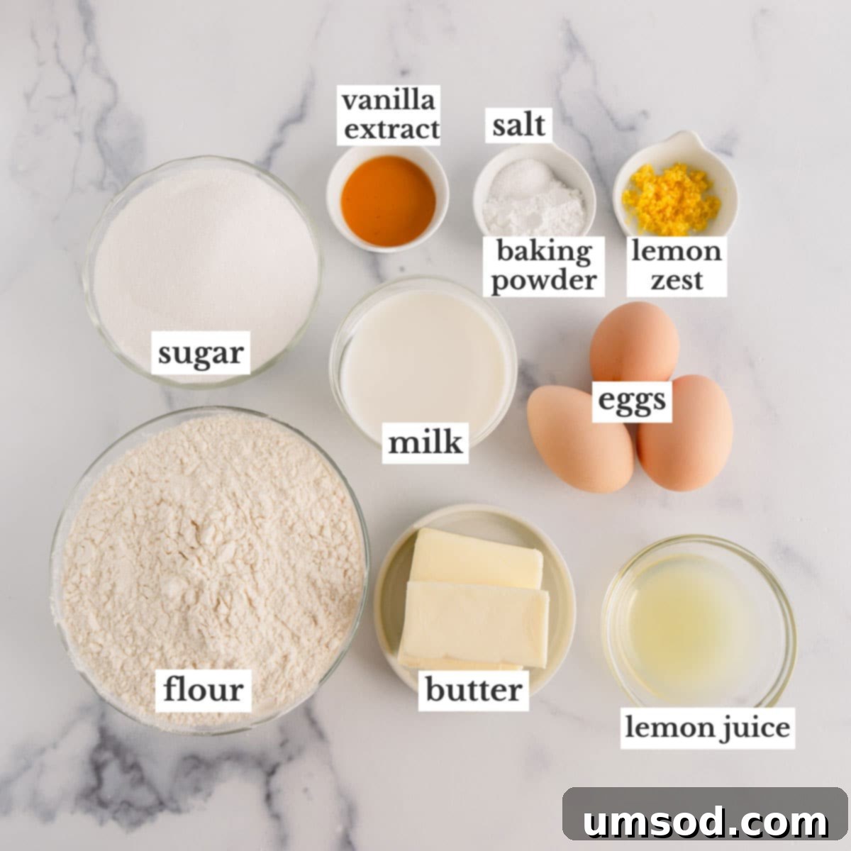 Ingredients to make lemon sheet cake.
