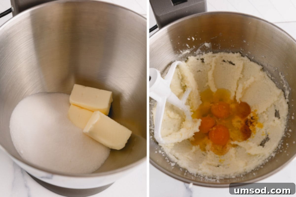 The process of creaming butter and beating eggs for cake batter.