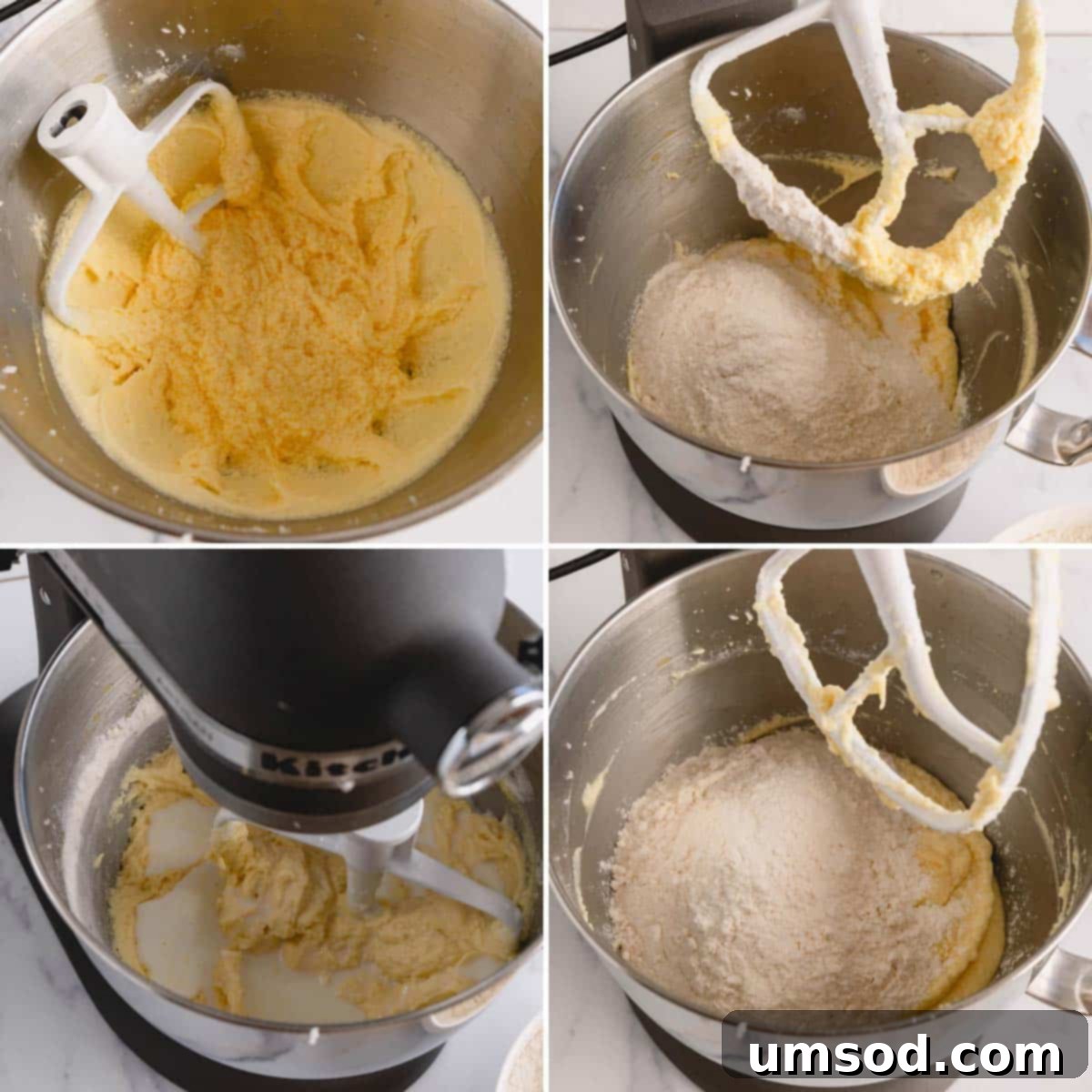 Four images showing the process of combining wet and dry ingredients for lemon sheet cake.