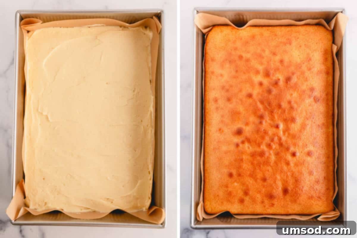 Unbaked lemon sheet cake on the left and baked lemon sheet cake on the right.