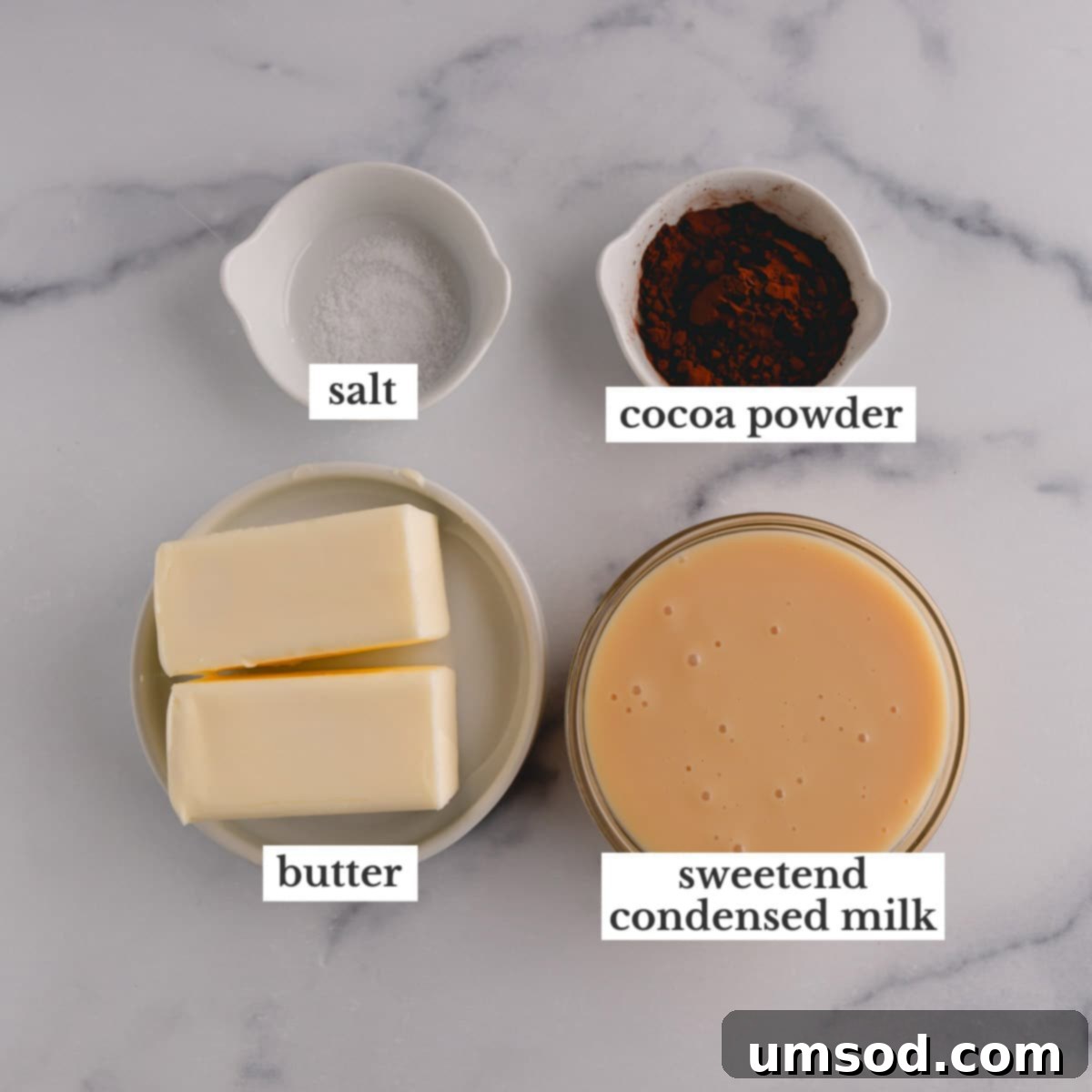 Decadent Chocolate Russian Buttercream 4 Four core ingredients: salt, cocoa powder, butter, and sweetened condensed milk, ready for use.