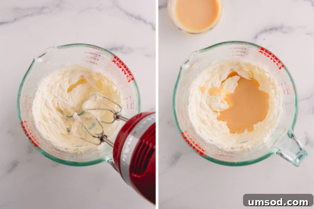 Decadent Chocolate Russian Buttercream 5 Two sequential images: whipping butter until fluffy, then slowly adding sweetened condensed milk.