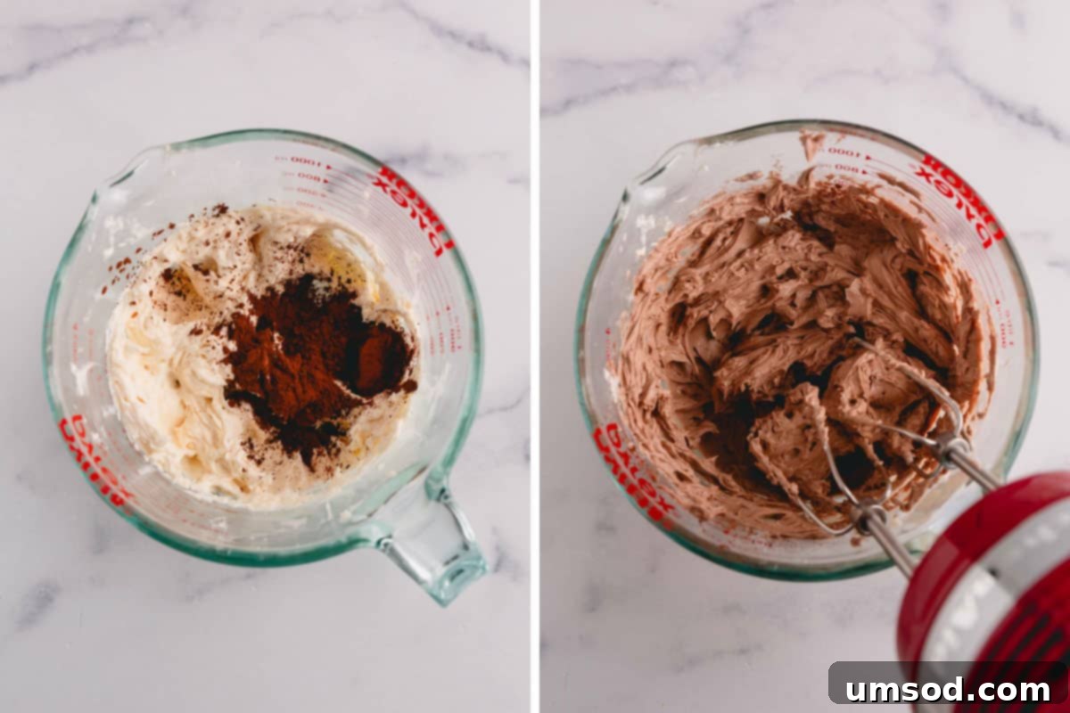 Decadent Chocolate Russian Buttercream 6 Cocoa powder and salt being blended into the whipped butter and condensed milk mixture.