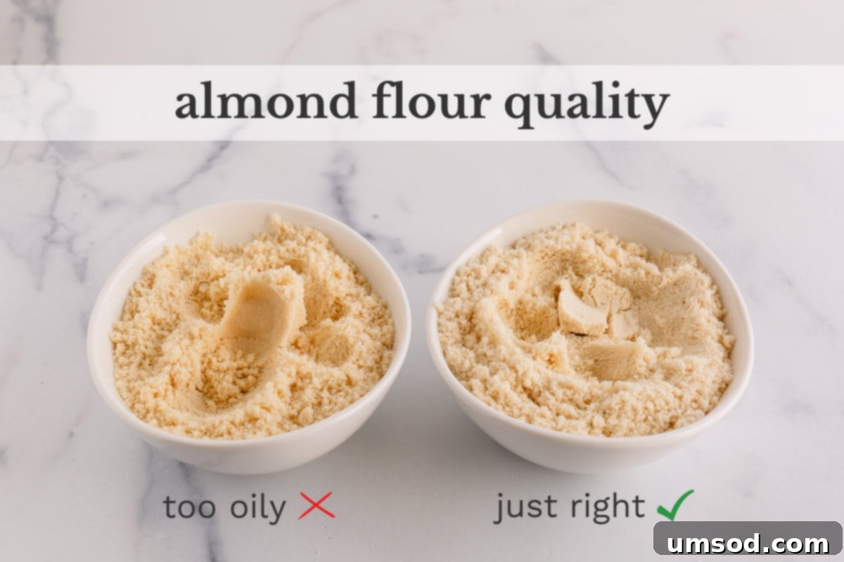 Revive Your Oily Almond Flour 4 Two bowls comparing almond flour: one showing healthy, fluffy texture, the other displaying clumping and a slight yellow tint indicative of oiliness.