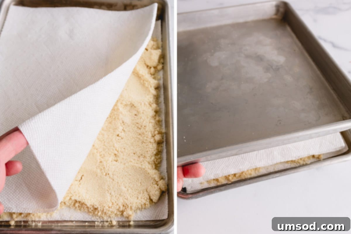 Revive Your Oily Almond Flour 6 Side-by-side images showing almond flour layered between paper towels and two baking sheets, ready for drying.