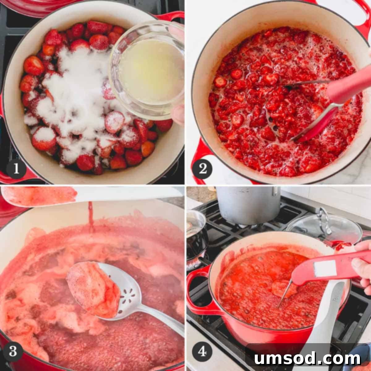 Step-by-step photos illustrating the process of making strawberry jam in a heavy-bottomed Dutch oven, showing the fruit simmering.