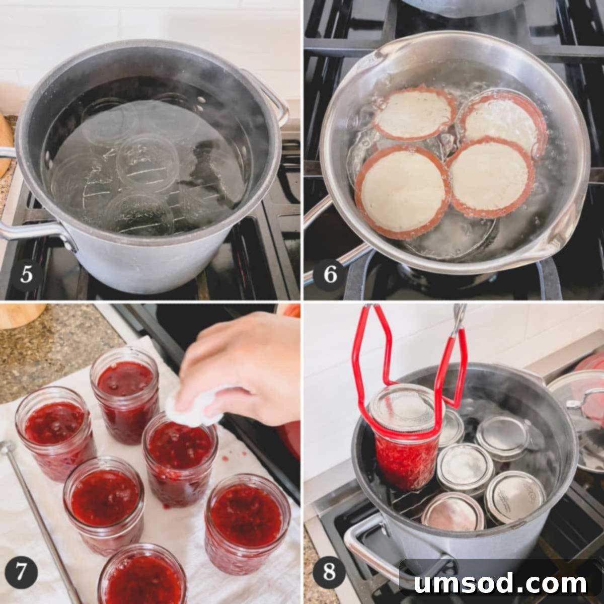 A series of step-by-step photos demonstrating the water bath canning process for homemade strawberry jam, showing jars being placed into boiling water.