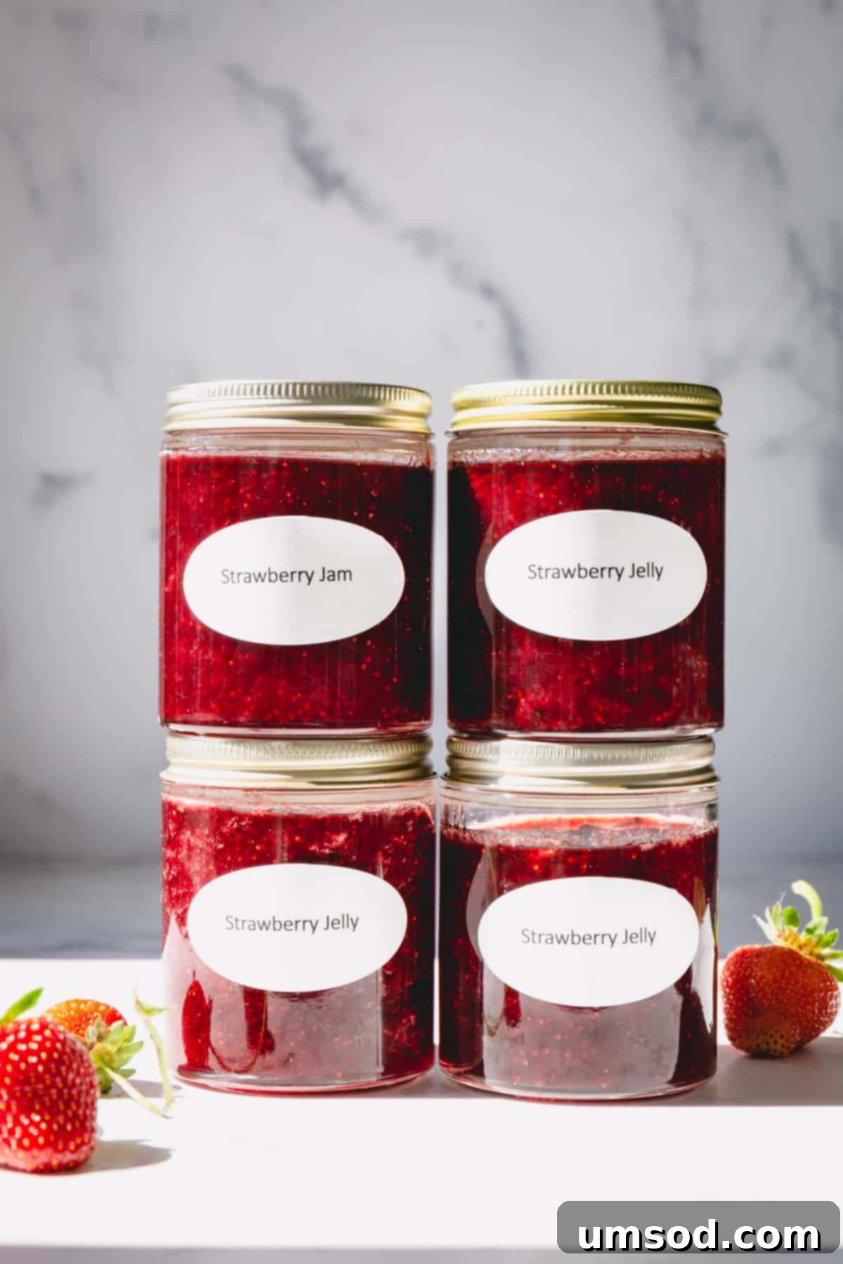 Four beautifully sealed jars of homemade strawberry jam lined up, showcasing the vibrant red color of the preserves.