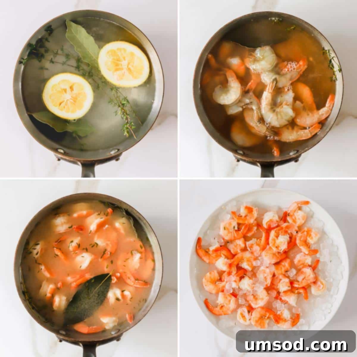 A series of four sequential images demonstrating the process of poaching shrimp: adding aromatics to water, lemon halves infusing, shrimp added to liquid, and shrimp removed to an ice bath.