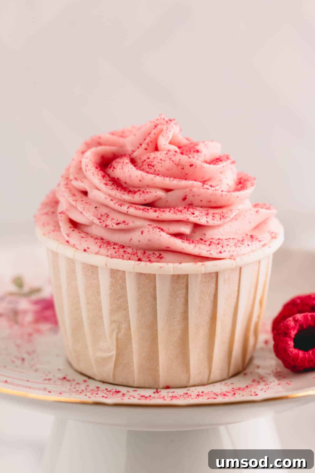 Luscious Raspberry Cream Cheese Frosting 3 A charming cup of vibrant raspberry cream cheese frosting, artfully dusted with crushed raspberries for an extra touch of flavor and visual appeal.