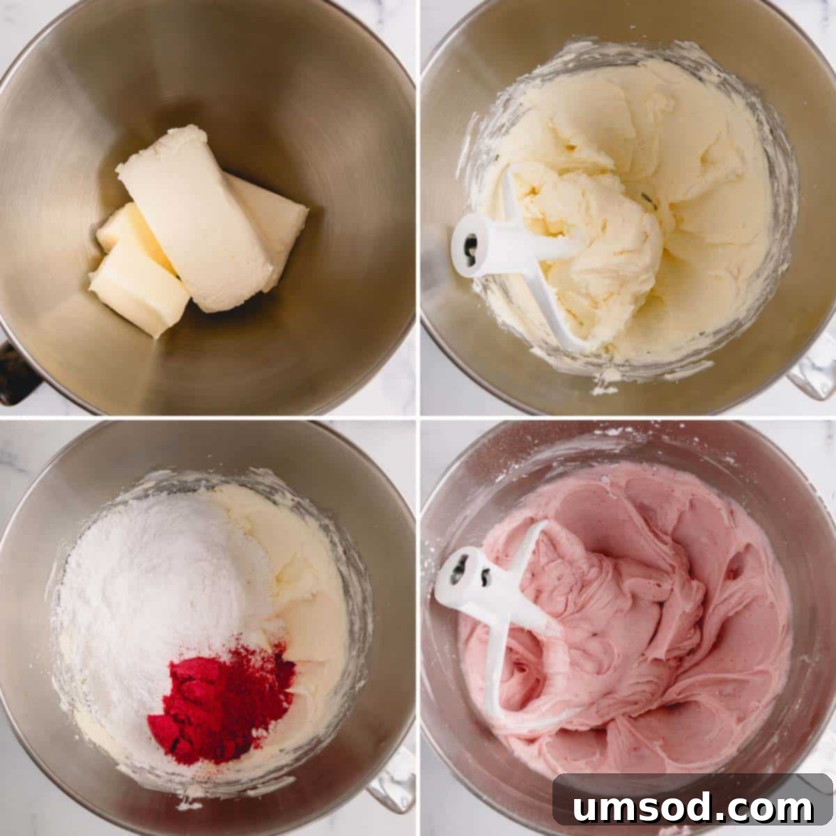 Luscious Raspberry Cream Cheese Frosting 5 A series of four sequential images demonstrating the process of combining and whipping ingredients to create raspberry cream cheese frosting, from initial mixing to final fluffy texture.