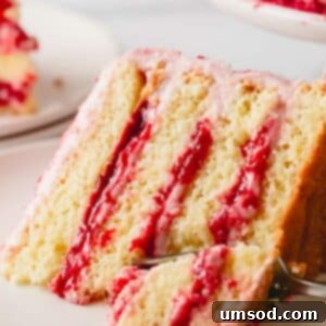 Luscious Raspberry Layer Cake 14 A slice of raspberry layer cake with raspberry jam on a plate with a fork cutting a bite.