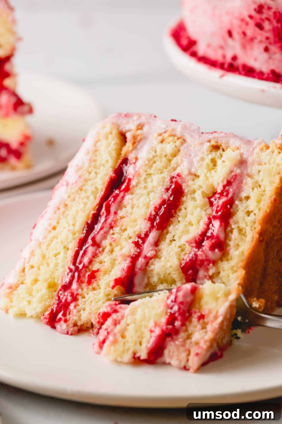 Luscious Raspberry Layer Cake 3 A perfectly sliced piece of raspberry layer cake with visible layers of sponge, frosting, and raspberry jam on a plate, with a fork taking a bite.