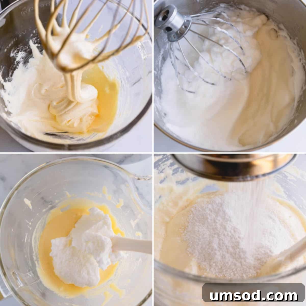 Luscious Raspberry Layer Cake 4 A 4-image collage demonstrating the steps of making the sponge cake batter in a stand mixer, from egg separation to combining ingredients.