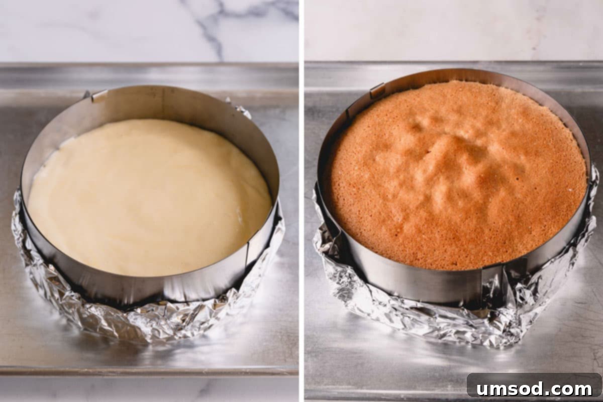 Luscious Raspberry Layer Cake 5 Side-by-side images showing sponge cake batter in a round cake pan before baking and the beautifully risen, golden-brown sponge cake after baking.