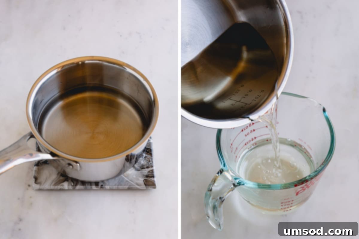 Luscious Raspberry Layer Cake 7 Two sequential images illustrating the process of making simple syrup: first, ingredients in a saucepan on the stove, then the finished syrup poured into a glass measuring cup.