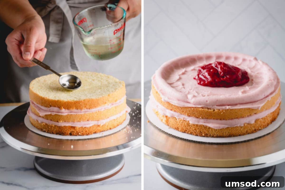 Luscious Raspberry Layer Cake 8 A visual progression of a raspberry layer cake being assembled, showing simple syrup being brushed, raspberry frosting piped, and raspberry jam being spread between layers.