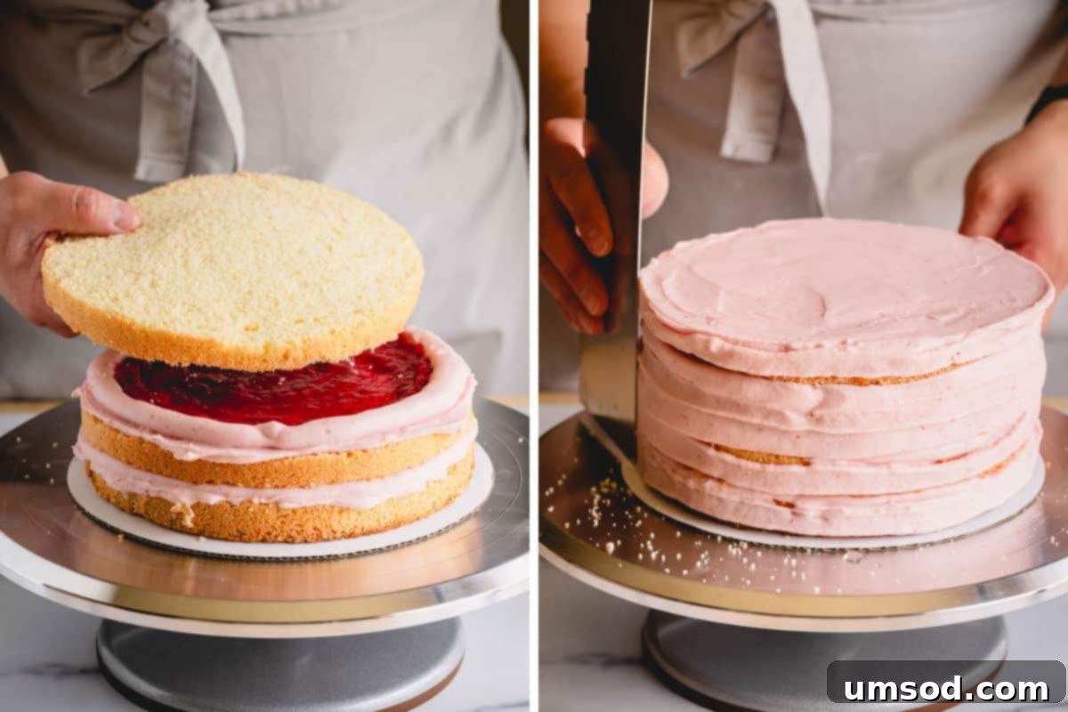 Luscious Raspberry Layer Cake 9 A third layer of sponge cake being gently placed onto the partially assembled raspberry layer cake, followed by raspberry frosting being smoothed on top for the next layer.