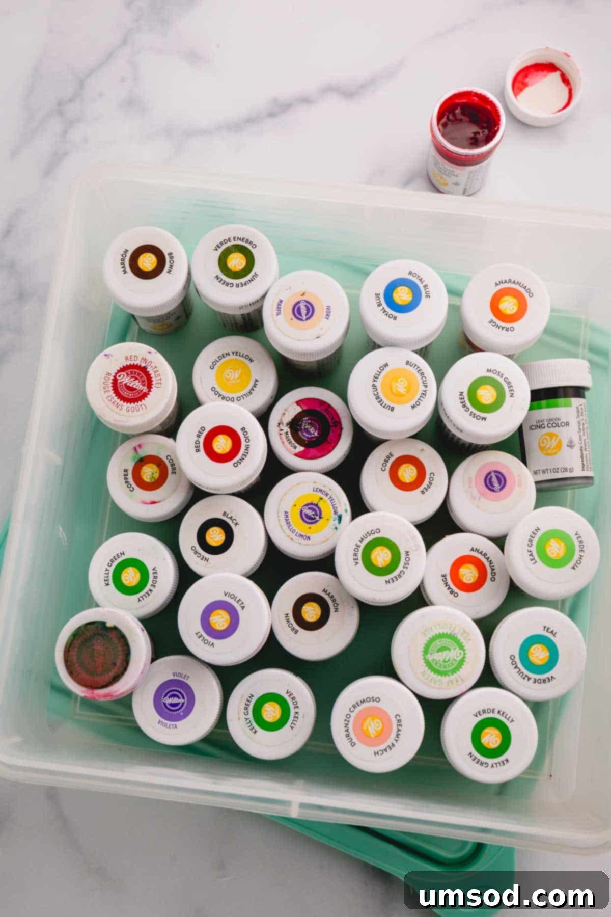 A transparent plastic container filled with an assortment of Wilton brand gel food colorings, neatly organized.