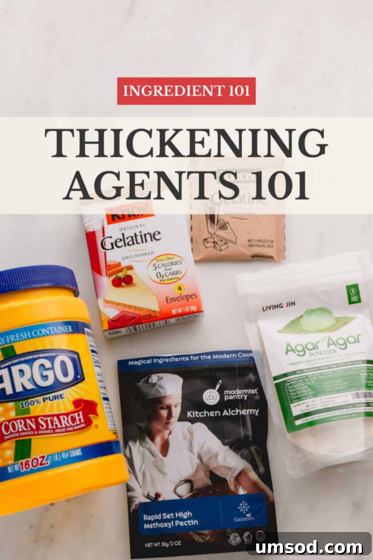 Demystifying Thickening Agents 2 Assortment of thickening agents in their original packaging, including powdered gelatin, cornstarch, pectin, and agar-agar, with text overlay "Thickening Agents 101: Your Essential Guide to Perfect Consistency".